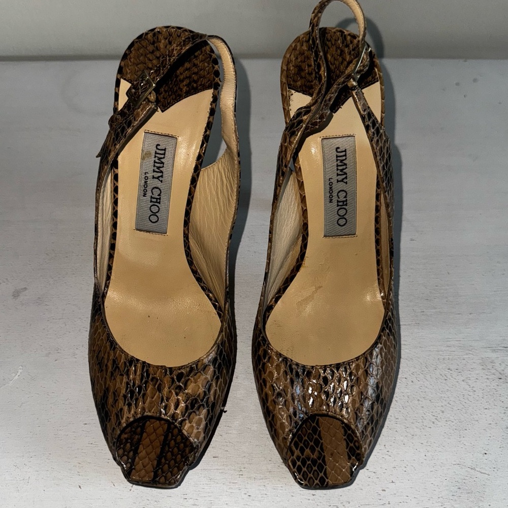 Jimmy Choo Vintage Snakeskin Leather Peep Toe Platform Slingback Pump Heels - Picture 13 of 14